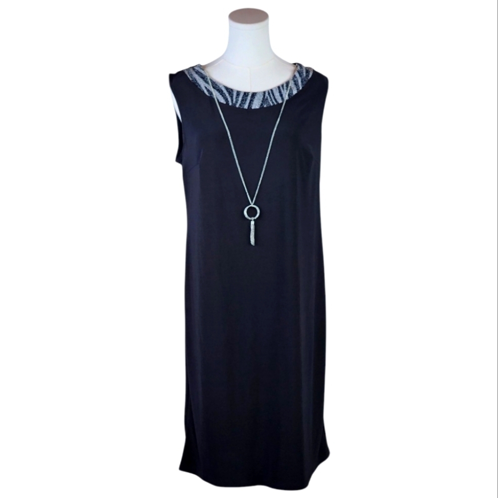 R&M Richards Black Sleeveless Dress w/ Metallic Zebra Neckline & Necklace 12